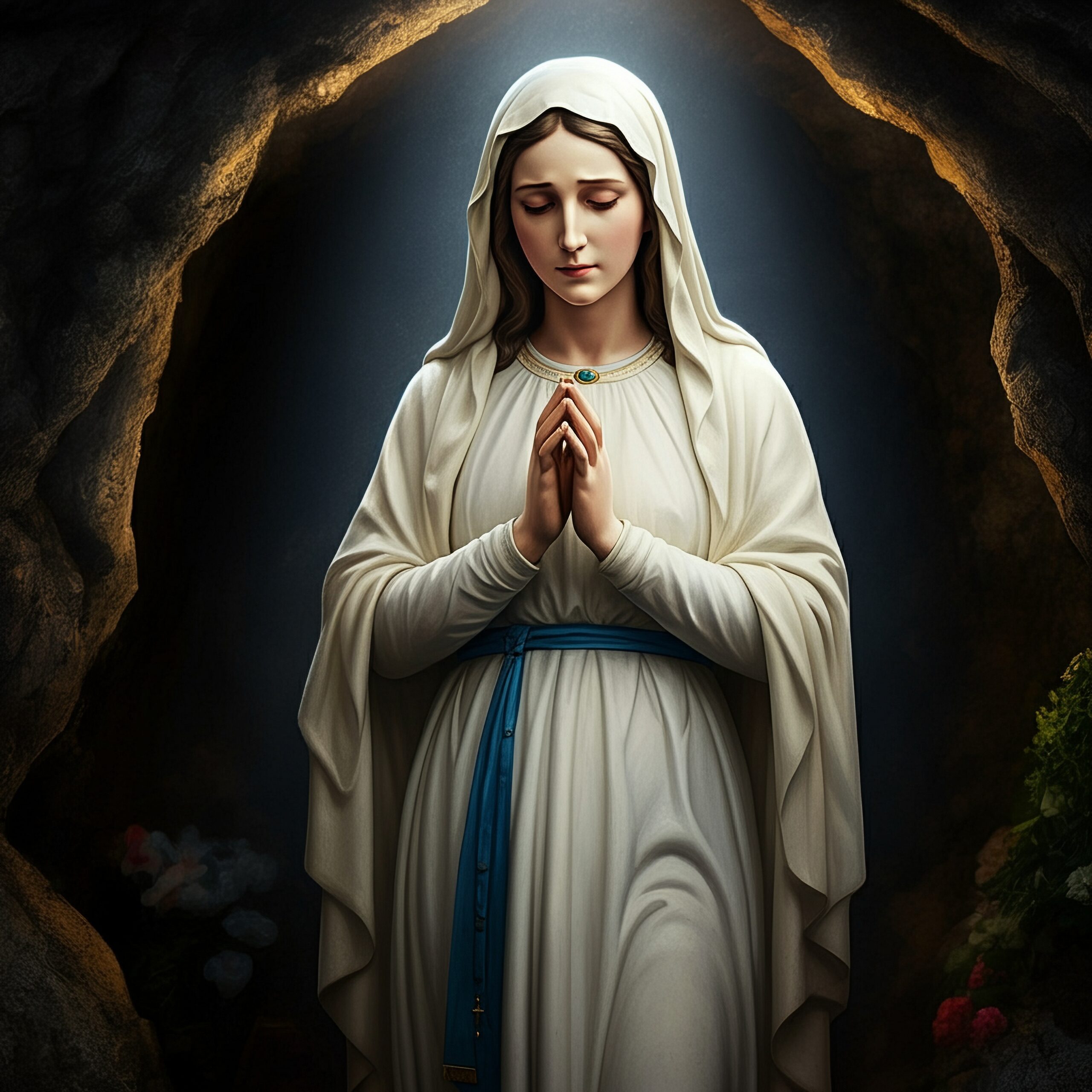 Hyperrealistic,Portrait,Of,The,Virgin,Of,Lourdes,In,The,Grotto,